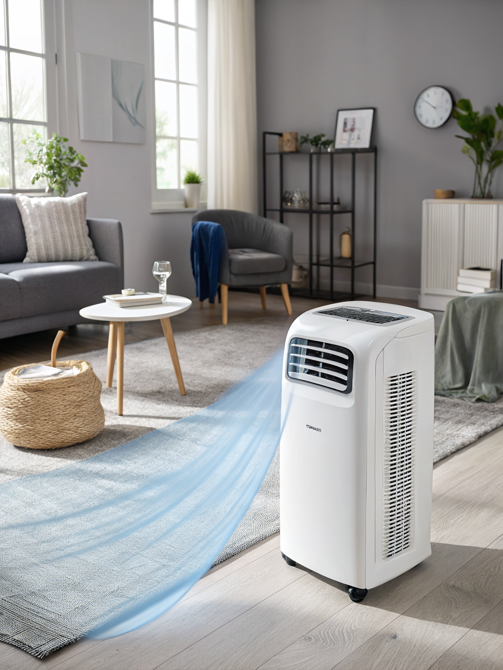 Mobile Klimaanlage ohne Abluftschlauch im modernen Wohnzimmer