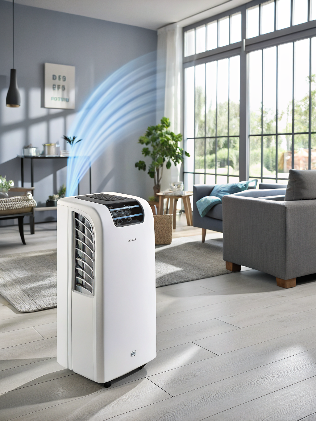 Mobile Klimaanlage mit Abluftschlauch in modernem Wohnzimmer